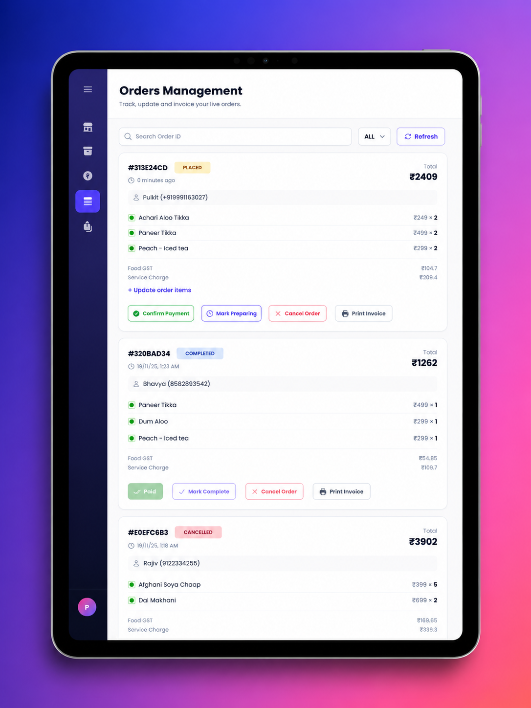 Tablet order management screen